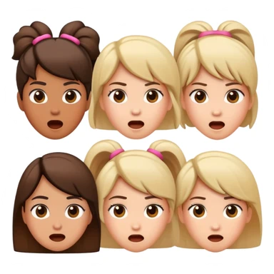 Surprised expression with exclamation mark, then three girl emojis in different hairstyles sticker