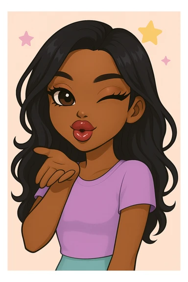 Remove any hats, ensure she is winking while blowing a kiss, headshot only, 20-year-old anime Bratz style woman with dark skin, dark hair, cute pastel Y2K look, big expressive eyes, glossy lips, happy expression, no tears. Style: anime Bratz. sticker