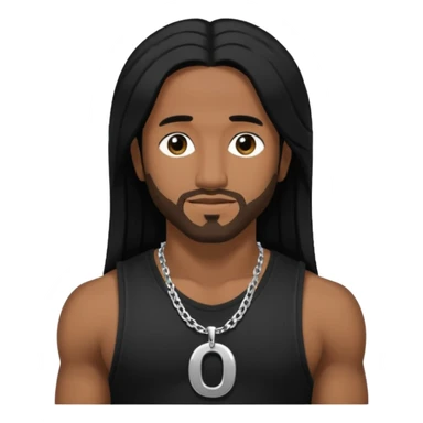 Omarion medium dark skin, long black hair, black tank top with necklace with letter o sticker