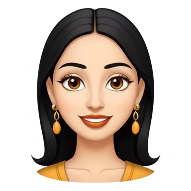 Oval face, warm medium skin, large almond-shaped dark brown eyes, naturally arched eyebrows, full lips, long sleek black hair, small black bindi, statement earrings, and a confident smile. sticker