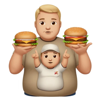 A very fat guy in an Alex Zero T-shirt, holding burgers, giving likes and dislikes, and pointing at KFC. sticker