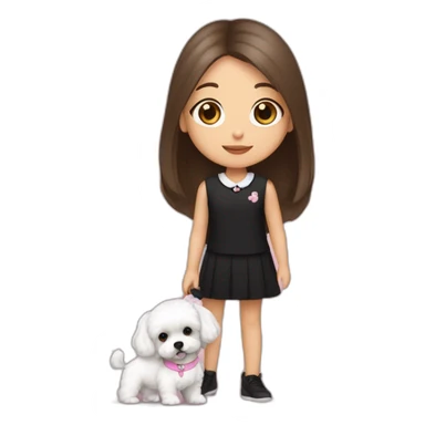 girl brunette with long straight hair dressed in black top hold on the hand, dressed small white puppy girl maltipoo with pink collar sticker