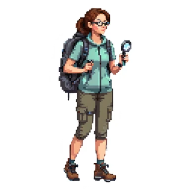 Very happy excited woman in her 40s with glasses wearing sporty outfit, hiking boots, and backpack, holding a magnifying glass sticker