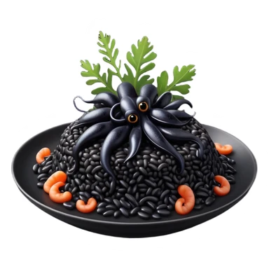cinematic-realistic-black-risotto-dish-emoji,-showcasing-small black squid pieces-rendered-with-bold-textures-and-dynamic,-dramatic-lighting. sticker