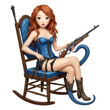 realistic cinematic Tori Amos sits on a rocking chair in a torn corset, holding an antique rifle and her bare feet are muddy. A blue snake is wrapped around the chair. sticker