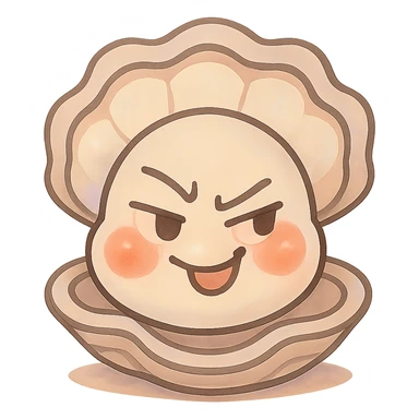Enhance the cute oyster by adding subtle pastel highlights, accentuating the cream and greige effect, strengthening the pearly effect of the shell, making the red cheeks more natural and luminous, while keeping the mischievous expression and transparent background. Maintain the overall style and delicate details of the original image. sticker