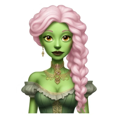 a green amazon alien woman in Victorian white gold pink hair full body  sticker