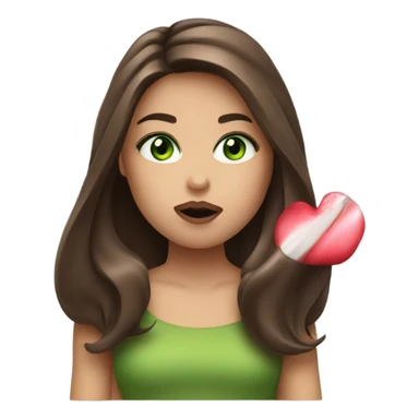 Pretty girl with green eyes and long brown straight hair blowing a lipstick kiss sticker
