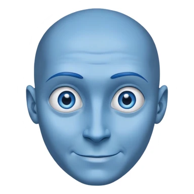 a character with blue skin and a huge forehead - twice the size of the face, the shape of the head is like a rounded inverted triangle. He has a smooth bald head. a sly, intelligent smile. Close-up. Blue eyes sticker