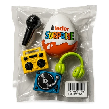 Kinder Surprise egg opened, showing toys including microphone, boombox, headphones, DJ turntable, shiny and inflated vacuum-sealed style sticker