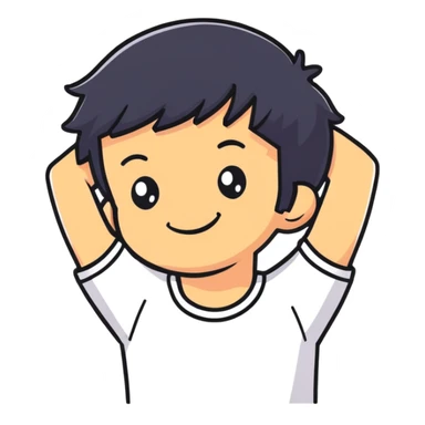 embarrassed smiling boy with hand behind head and black hair sticker
