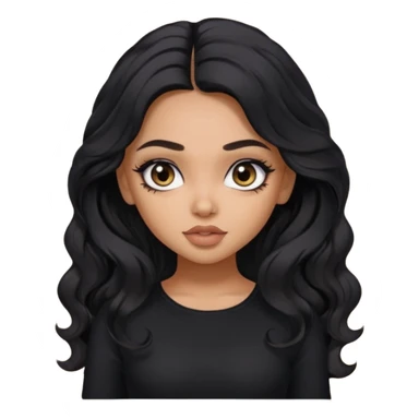a pretty bratz dusky girl with long wavy black hair, kajal under eyes, black full sleeve  top sticker