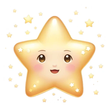 Cinematic cute sparkling star, chubby rounded edges, golden glow, tiny blushing cheeks, warm and gentle shine, twinkling softly in a pastel night sky. sticker