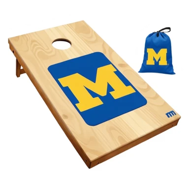 Cornhole board blue and yellow with Michigan “M” With a  cornhole bag sticker