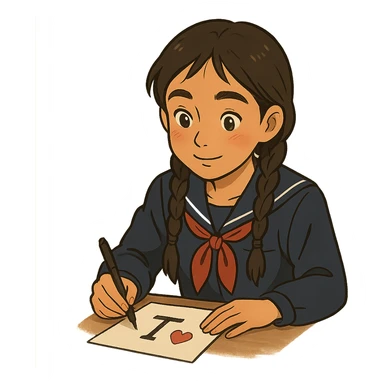 Kazakh girl in Korean school uniform, drawing a T with a heart on paper in ghibli style sticker