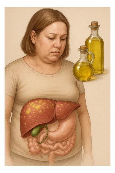 donna con fegato grasso immagine realistica e usa oli vegetali formando anche calcoli biliari sticker