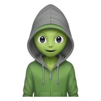 happy green alien in gray hoodie full height, wear hoodie hat sticker