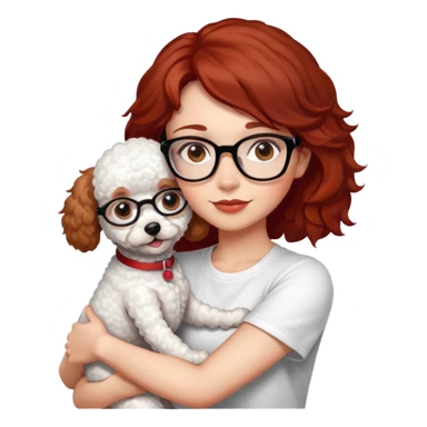 Girl with medium-short dark brown-red hair with glasses, white t-shirt, brown eyes, hugging a white toy poodle sticker
