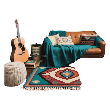 cozy indie room with record collection, hanging plants, boho rugs, vintage posters, string lights, cozy throw blankets sticker