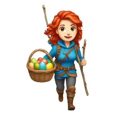 red hair female winter mountaineer climbing with Easter eggsbasket and Greek flag sticker