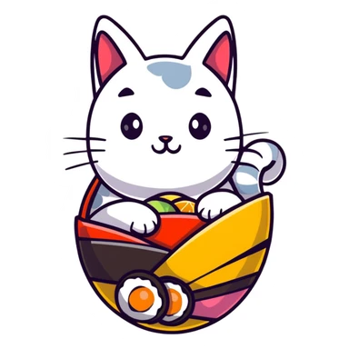 cat sitting in a decorated Easter egg made of sushi, colorful Easter patterns on the sushi egg sticker