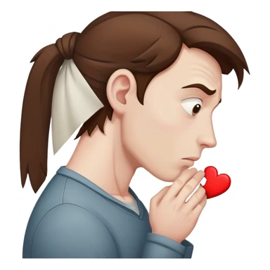 a man with brown hair staying in a
full height in profile with anxiety and begging face with a broken heart sticker