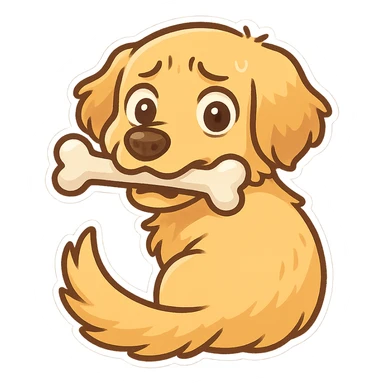 A golden retriever holds a bone in its mouth and looks back at the viewer in horror, trying to hide the bone sticker