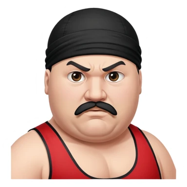 Close-up of morbidly obese white skin guy with young face, prominent BLACK DURAG tied clearly on head, distinct black beard and mustache, no muscle, black eyes in a red and black wrestling singlet with angry face sticker