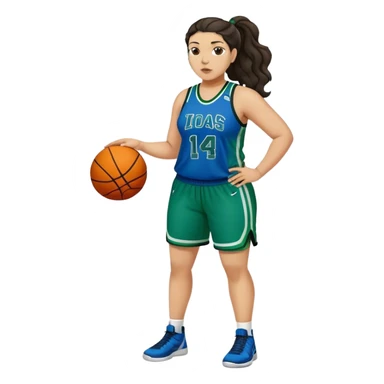 full body plus size light skin latino women basketball player with wavy dark hair in pony tail wide nose wearing blue green  uniform sticker