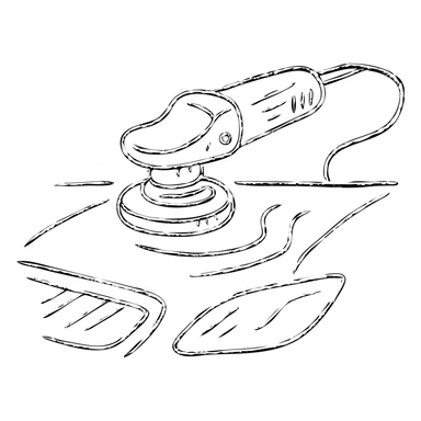 hand-drawn outlined icon of a polishing machine on a black car hood, silver details, reflection and soft shine waves, clean and modern sticker