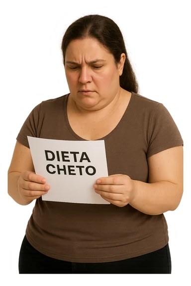 donna realistica leggermente in sovrappeso che legge un foglio con la scritta "dieta Cheto", sfondo bianco, iperrealistica 4k, IPERREALISTICA 4K sticker