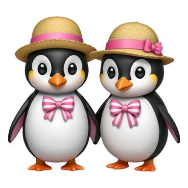 Allora fammi un emoji che rappresenta un pinguino con in testa un fiocco rosa che da la mano a un altro pinguino che in testa ha un cappello di paglia con al centro del cappello una striscia rossa sticker