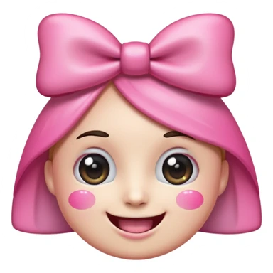 surreal and kawaii emoji face with huge sparkling cartoon eyes, a wide realistic human smile with perfect teeth, pink cheeks, and a big pink bow on its head. The background is transparent. Above the head, the text "kawowiwo-wiwi" is written in a playful, handwritten font sticker
