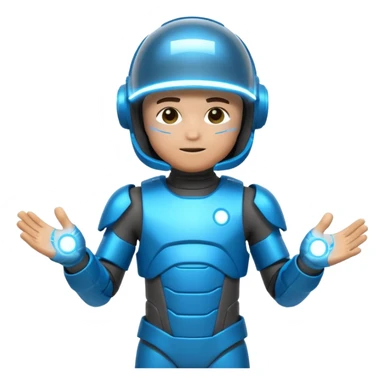 “Futuristic Roblox boy emoji, 2050 style. Blue neon visor, cyber helmet, metallic skin glow, hologram lines, tech-suit with glowing seams, soft neon background.” sticker