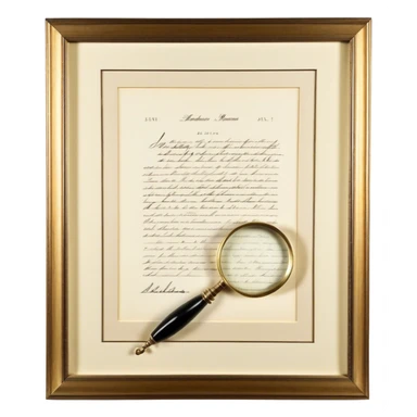 Icon for Autograph Collecting: a signed piece of paper or book page with a famous signature, surrounded by a magnifying glass, and a collection of several framed autographs. Transparent background. sticker
