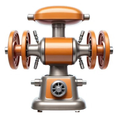 sausage-processing droid. retro-futuristic style. top is a circular industrial meat grinder with rotating gears and blades. Two robotic arms feed material into grinder. Sausage links extrude from the rear like  factory. The body is metallic, compact, and floats above the ground.no legs. Dark humor sticker