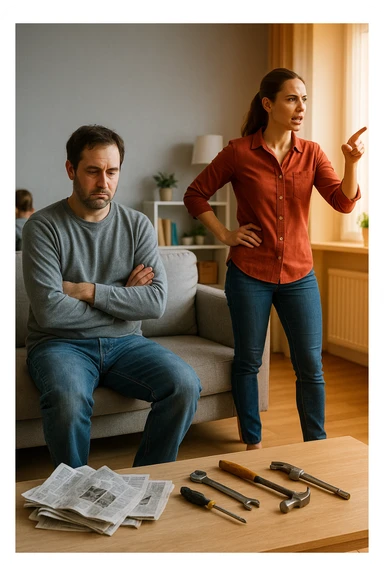 Uomo tra i 35 e i 45 anni, seduto in disparte sul divano con sguardo spento e postura chiusa, mentre la moglie, in piedi, gesticola con decisione e dirige la scena familiare (dando ordini ai figli o organizzando la casa). Intorno, simboli visivi della perdita di ruolo maschile: giornali accartocciati, strumenti da lavoro inutilizzati, l’uomo con vestiti trasandati o troppo neutri. La donna appare energica, determinata, mentre lui è passivo e disconnesso. Atmosfera domestica fredda o neutra. Colori sbiaditi attorno all’uomo, più vividi attorno alla donna. Stile realistico con tono simbolico. sticker