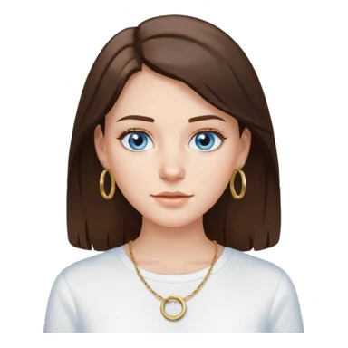Create an emoji of a pretty white Girl with brunette hair blue eyes faint freckles and medium length hair wearing a white shirt with gold hoop earrings and a gold necklace  sticker