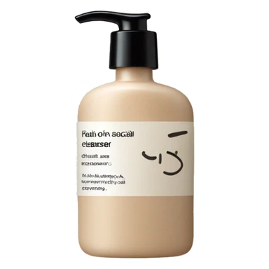 A skincare facial cleanser in a beige bottle and black writing  sticker