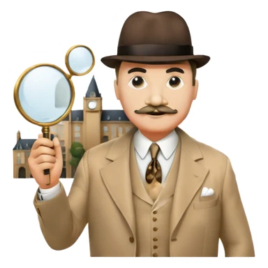 A cinematic-style frame showing Hercule Poirot in his iconic suit with a magnifying glass in a dramatic detective pose. Background should be mysterious city background and subtle clues like fingerprints or a crime scene. Transparent background. sticker