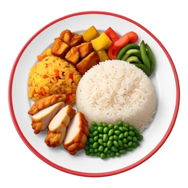Full meal plate with rice, chicken pieces, and Puerto Rican vegetable mix sticker