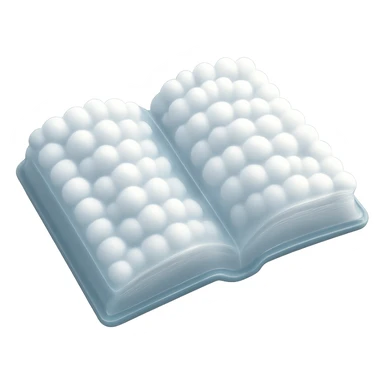 top view of a thick open book made entirely of small, very bright white fluffy convex clouds, matte glass style sticker