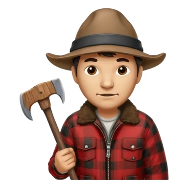 Man wearing buffalo plaid jacket and hat, with an 🪓  sticker