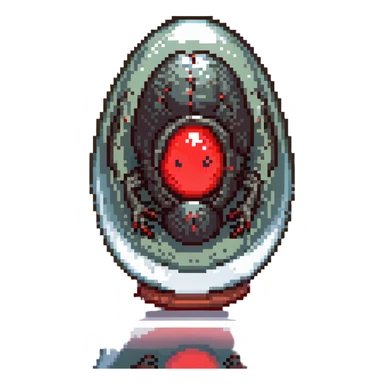 a strange large transparent alien egg, floating inside with a visible creature inside, embryo, embryonic, fetal shape, primordial, 3 glowing red eyes, illuminated from above, shining glass egg sticker