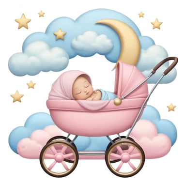 sleeping baby in pink and beige stroller with crescent moon and stars above with pastel blue clouds sticker