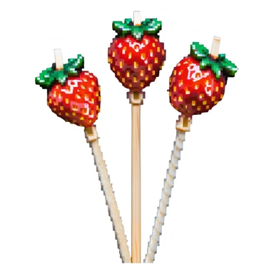 three strawberries on a wooden skewer coated in shiny sugar glaze sticker