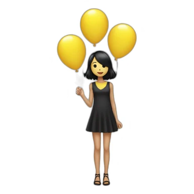 a thin girl with black straight hair, dressed in a short shiny dress, holds balloons in the shape of black and yellow hearts in her hands sticker
