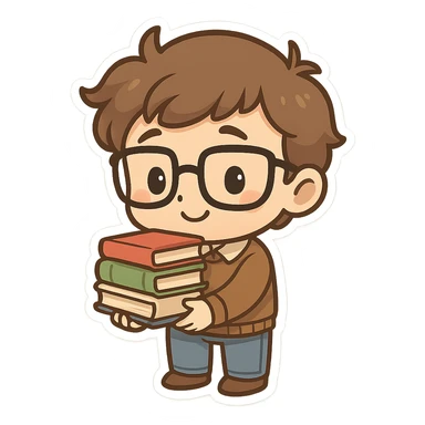 nerd with books, shy smile, cartoon style sticker