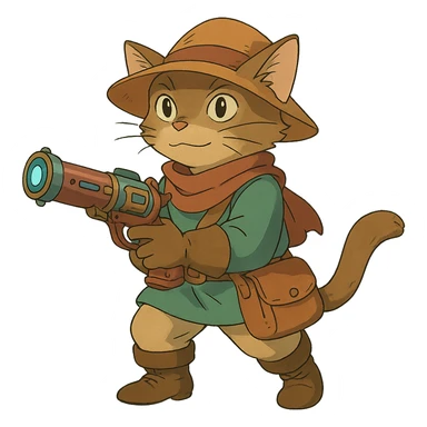 ghibli style adventurous cat with a fantasy blaster sticker