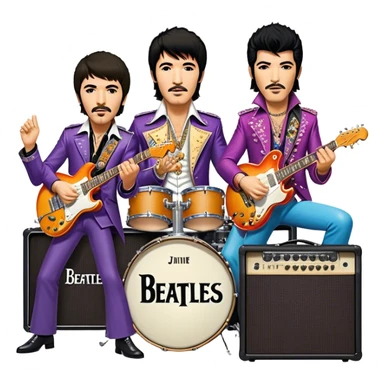 Rock music icon: vibrant stage with electric guitars, drums, and amplifiers. Collage of rock legends—The Beatles, Jimi Hendrix, and Elvis Presley—capturing the rebellious spirit and timeless energy of rock music. Transparent background. sticker